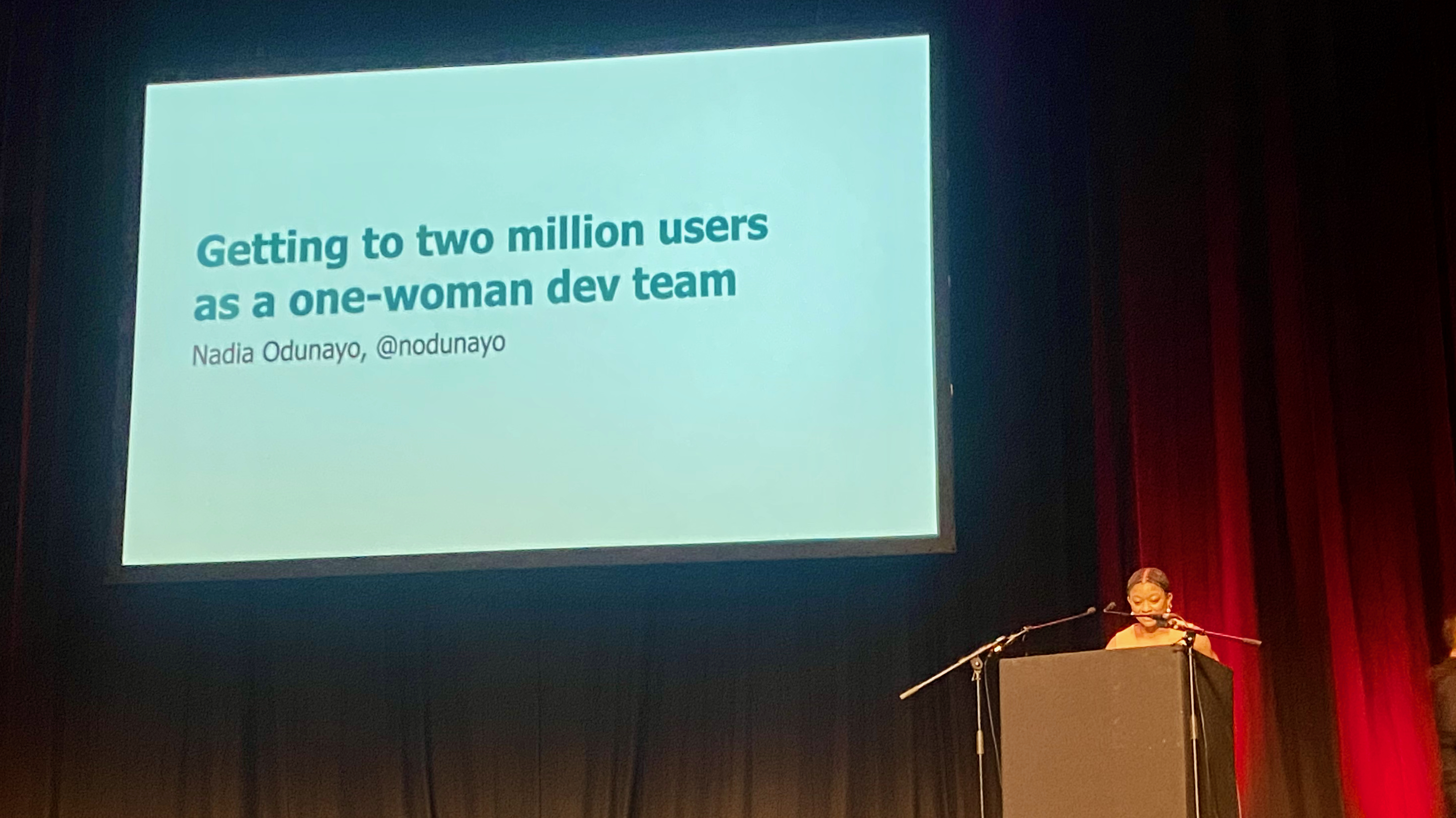 Nadia Odunayo giving her talk "Getting to Two Million Users as a One Woman Dev
Team" at Brighton Ruby 2024