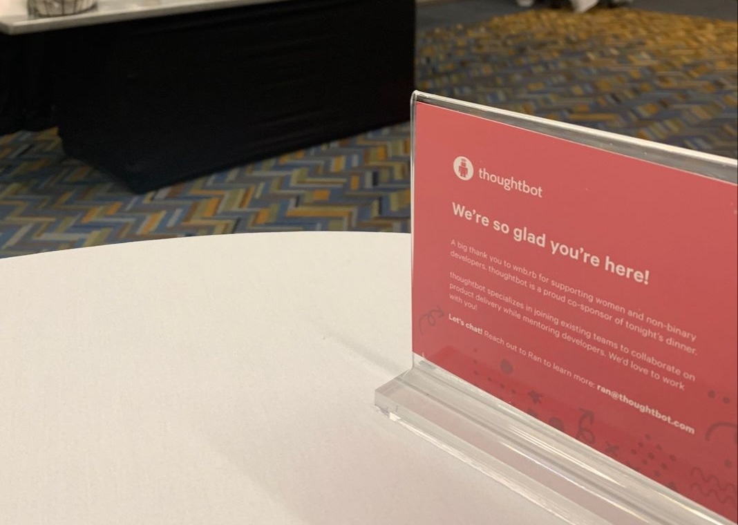 thoughtbot table top card welcoming folks to the wnb.rb dinner.