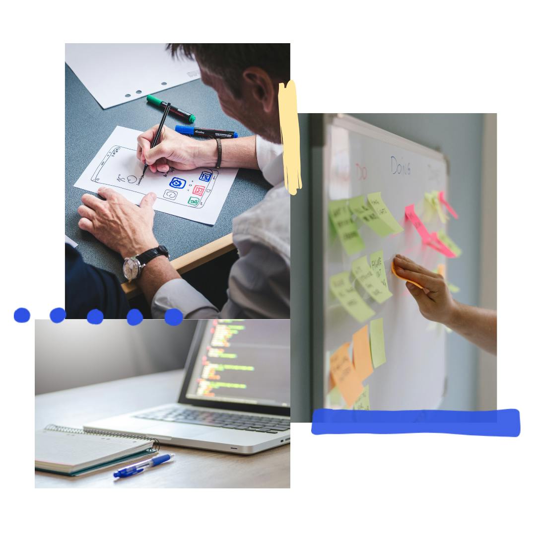 collage of 3 images: a person sketching out a prototype, a laptop with code and a notebook beside it, hands putting a sticky note on a whiteboard