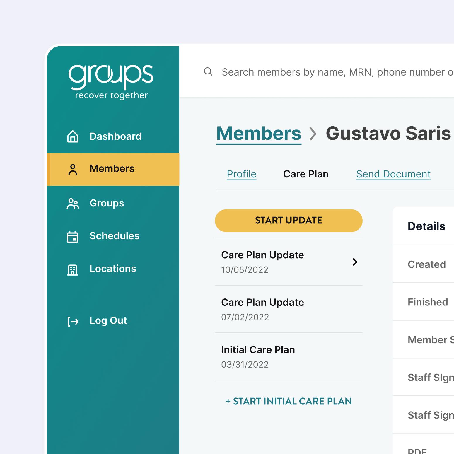 A cropped view of the Groups Recover dashboard and navigation.