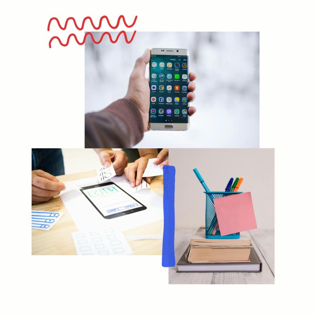 Collage of 3 images: a hand holding up an iphone, hands laying down sticky notes on a paper, and pens in a pen holder with a pink sticky note on top.