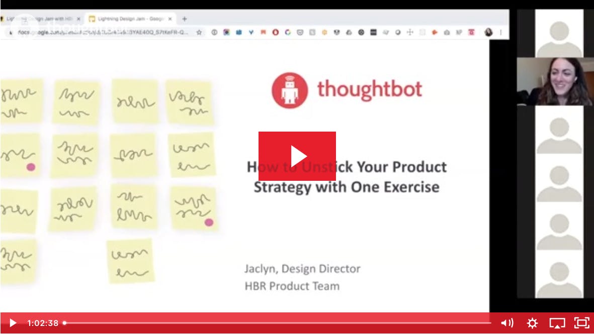 A screenshot of a video player with a thumbnail of a person in the top right and the main screen says how to unstick your product strategy with one exercise.