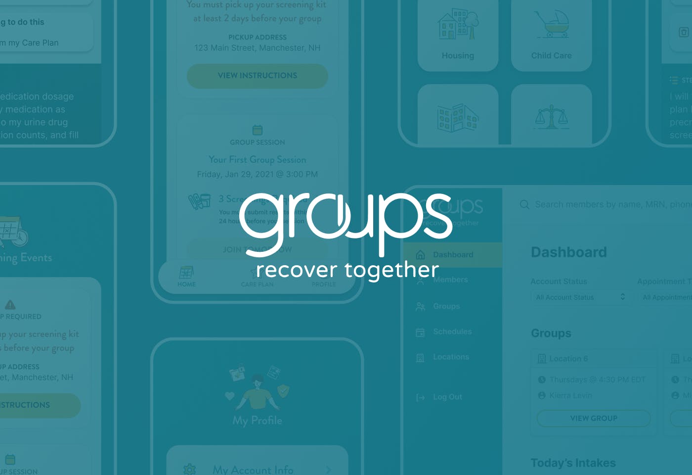 Groups Recover logo is centered on a teal background with faded out screenshots of the Groups Recover product along the edges of the image