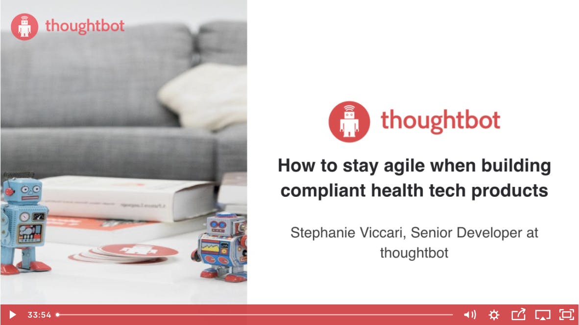 A screenshot of a video player with a thumbnail of a person in the top right and the main screen says how to stay agile when building compliant health tech products.