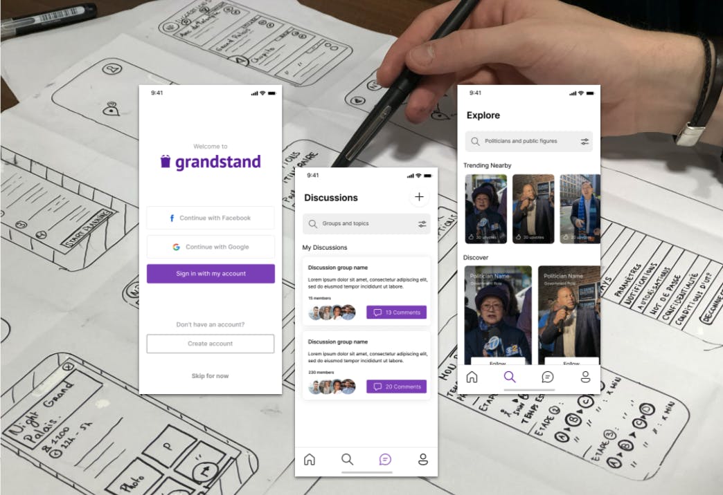 3 screenshots from the Grandstand app against a background of a person drawing prototypes on a piece of paper.