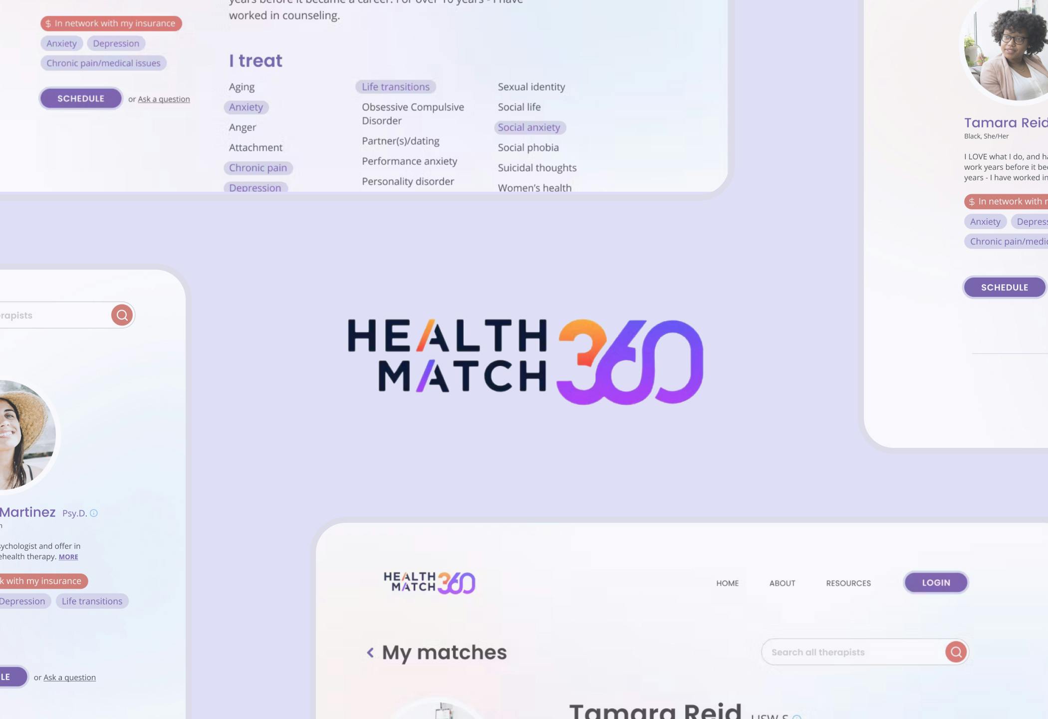 The Health Match 360 logo on top of a purple background with product screenshots