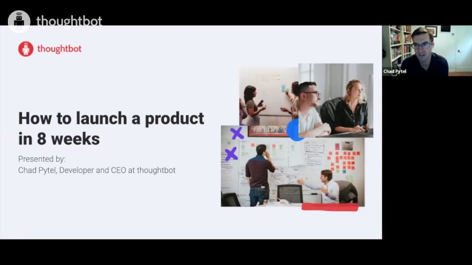 A screenshot of a video player with a thumbnail of a person in the top right and the main screen says how to launch a product in 8 weeks.