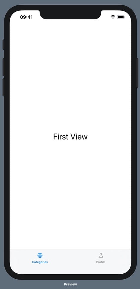 An iPhone 11 Pro max running our prototype. On the prototype is the text "First View" and a bottom tab bar with two options: Categories and Profile. Above the categories tab label is a globe icon, and above the profile tab label is a person icon. The categories tab is blue and the profile tab is black.