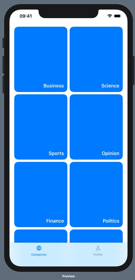 An iPhone 11 Pro max running our prototype. On the prototype is a bottom tab bar with two options: Categories and Profile. Above the categories tab label is a globe icon, and above the profile tab label is a person icon. The categories tab is blue and the profile tab is black. Above the bottom tab bar, there are eight clickable categories, each of which is represented by a blue rounded rectangle and an overlayed label with the category name in white text. The rectangles have more height than width, and they are arranged in two columns and three rows.