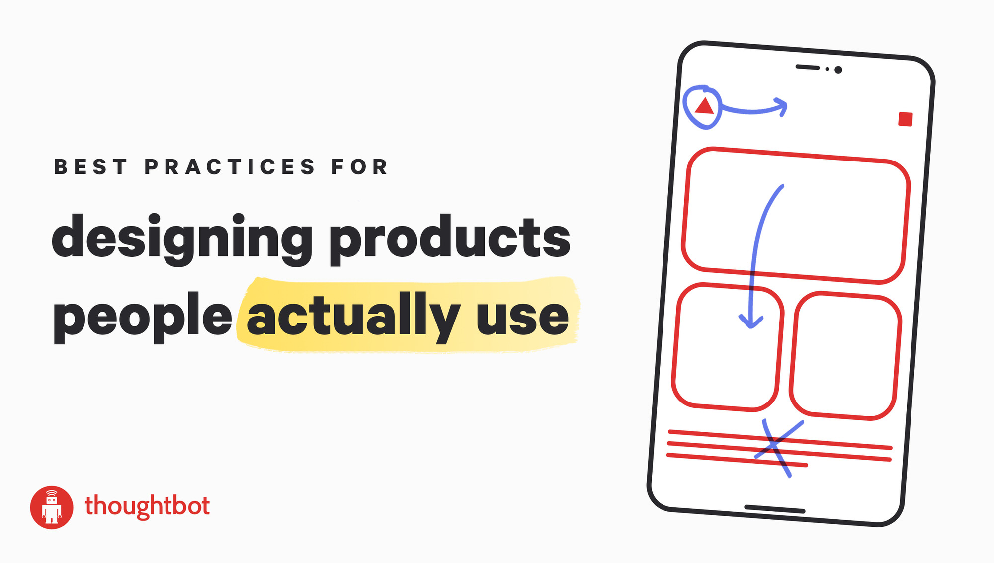 A banner image that reads, "Best practices for designing apps people actually
use" on the left side with an illustration of a phone on the right side. On the
phone is a wireframe for a potential app with arrows indicating changes to be
made.