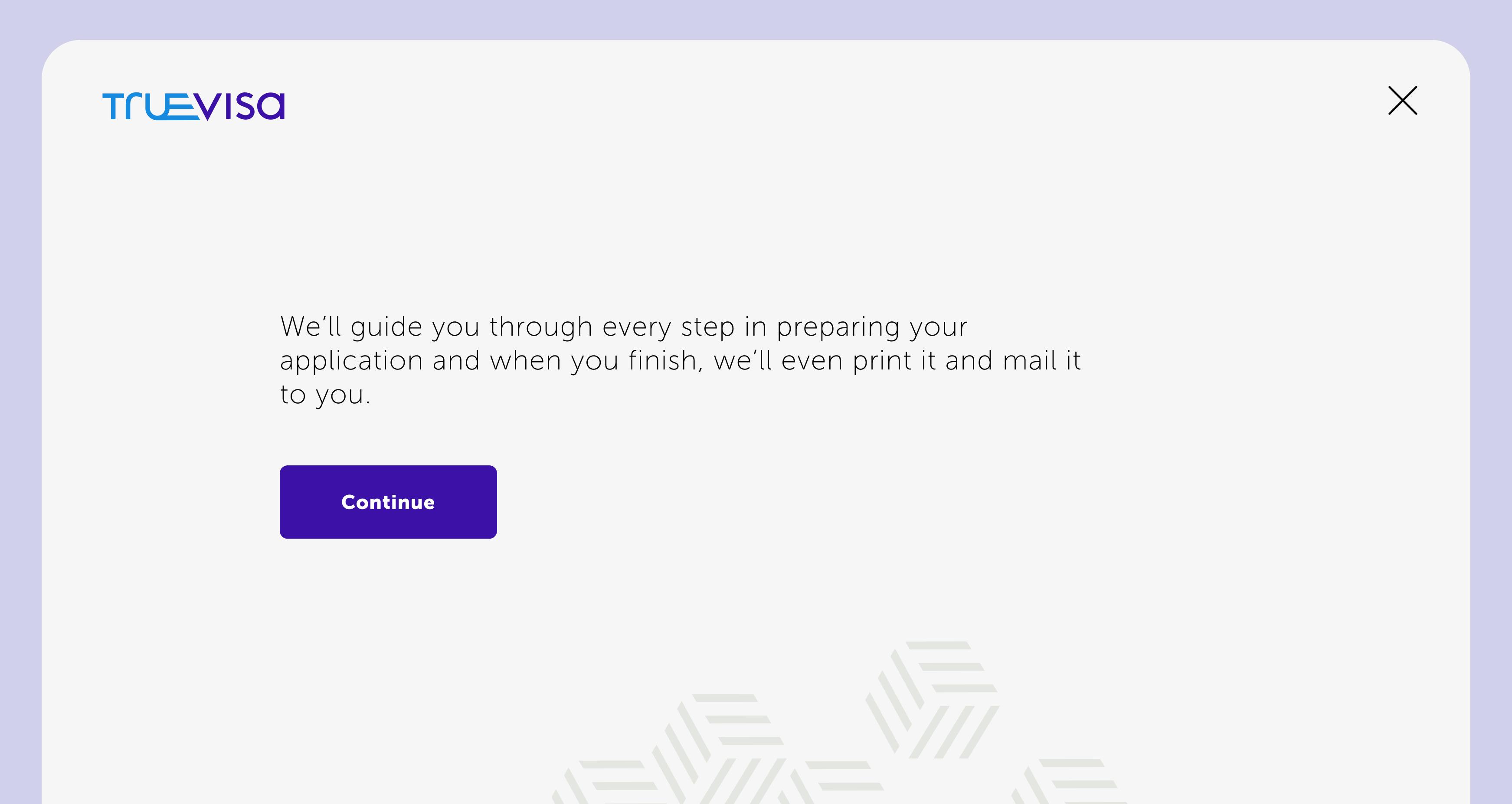 Wireframe of TrueVisa guiding an applicant through the process