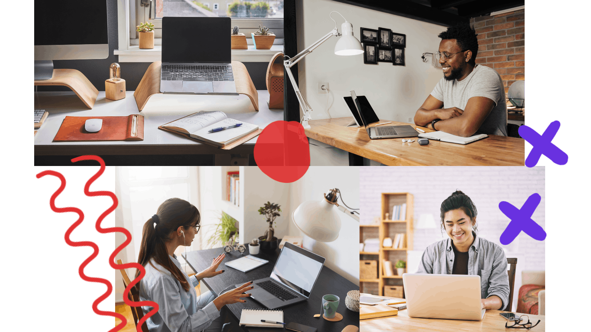 Collage of 4 images: a desk with laptops and a monitor, a person smiling while looking at a laptop, a person looking a laptop, and a person smiling while looking at a laptop.