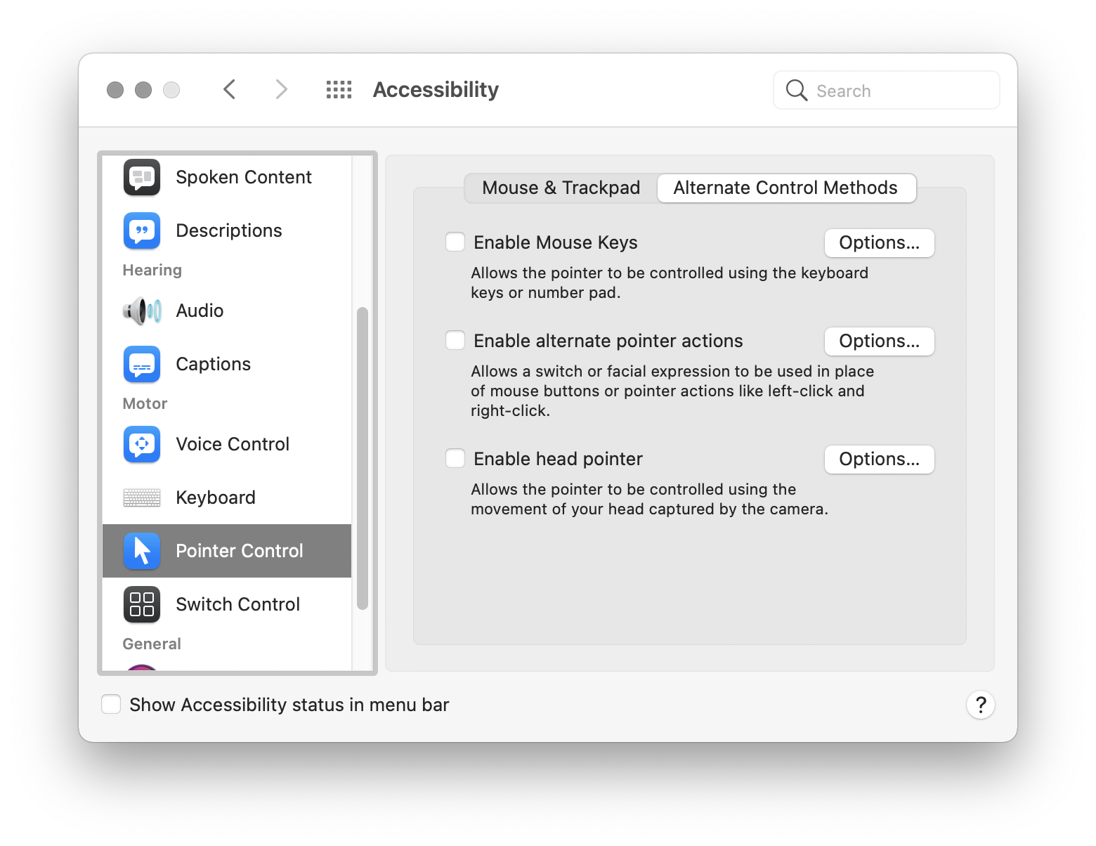 The Pointer Control menu in macOS's Accessibility System Preferences. It has defaulted to displaying Mouse and Trackpad options. Screenshot.