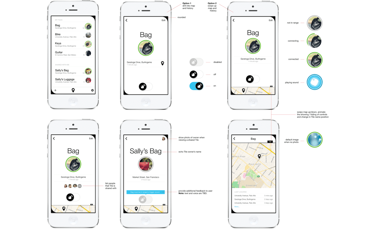 An early versions of the app interface provided by Tile's head of UX. Many of these early versions tested the affordance for turning on the Tile unit’s sound. 