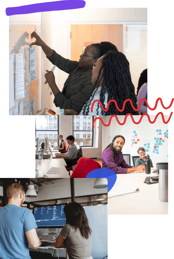 A photo collage depicting people at work consisting of four photos and three hand-drawn elements, from top to bottom; two people pinning up storyboard sketches during a design sprint, two developers working side by side at their desks in a well lit office, two people at a conference table smiling with post-its on the wall behind them, the backs of a designer and developer working together on code at the same desk 