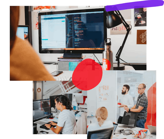 Collage of three photos: the first is taken from over the shoulder of a developer working on test-driven code while posters line the wall behind their monitor; the second is a developer working diligently at their desk; the third is three people in a conference room talking while gesturing towards a white-board covered in post-its and writing.
