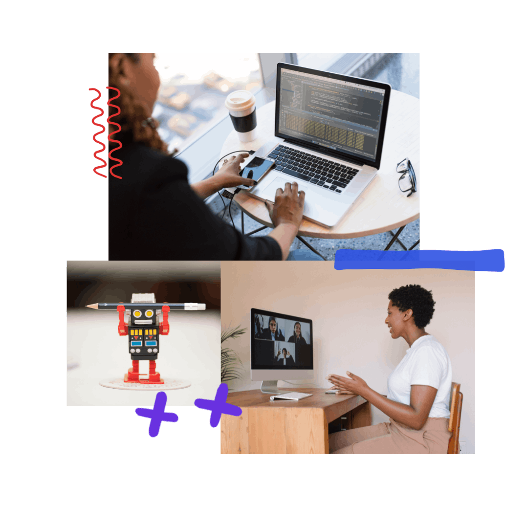 A collage of 3 images: A person typing on a laptop, a robot toy holding up a pencil, and a person talking in a video conference at a desk.