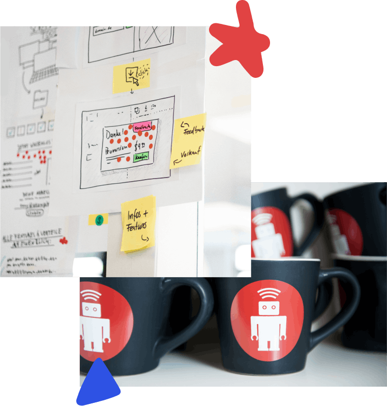 A collage of photos with hand-drawn elements; top left: A whiteboard of simple sketches with post-it notes attached. Bottom right: a stack of thoughtbot branded coffee mugs.