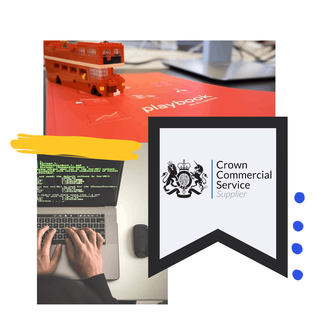 A collage of 3 images: a red book with the words Playbook and a double-decker bus toy on top of it, hands typing code on a laptop, and the Crown Commercial Service Supplier logo.