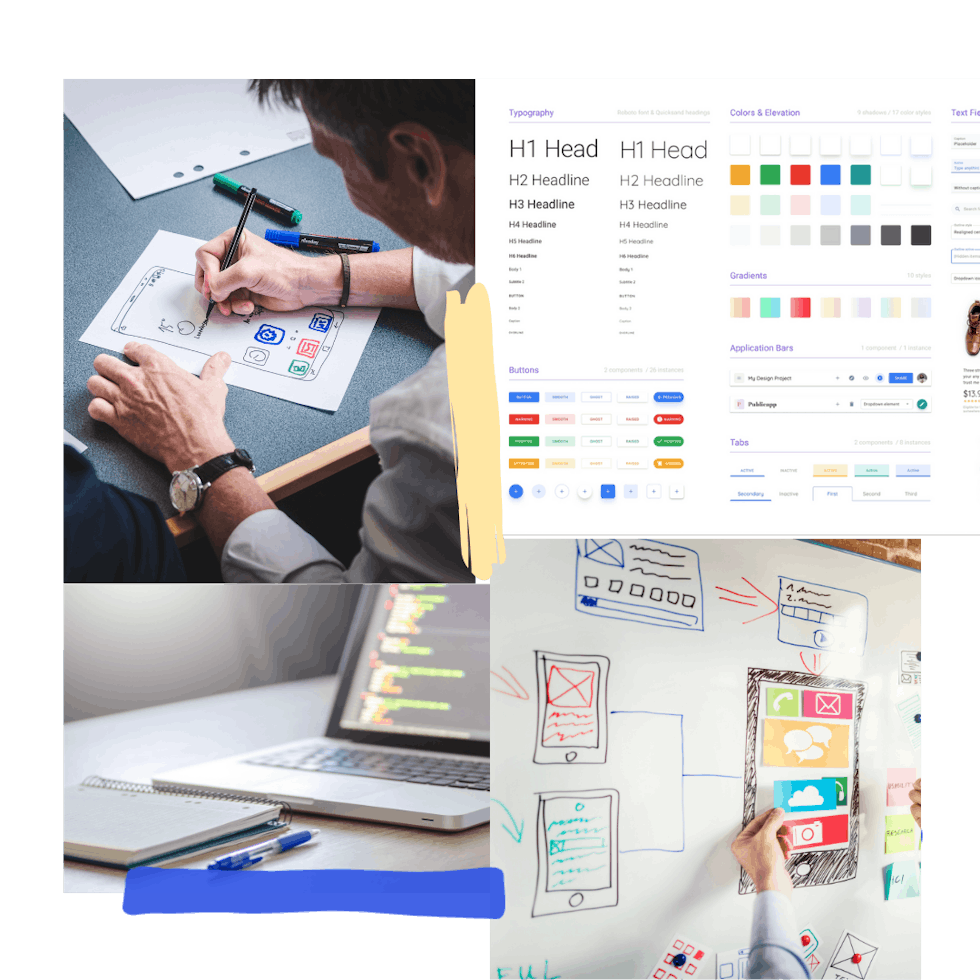 A collage of 4 images: a person drawing a prototype on paper, a screenshot of design system items, a laptop with code on the screen, and a hand in front of a whiteboard with prototype drawings.