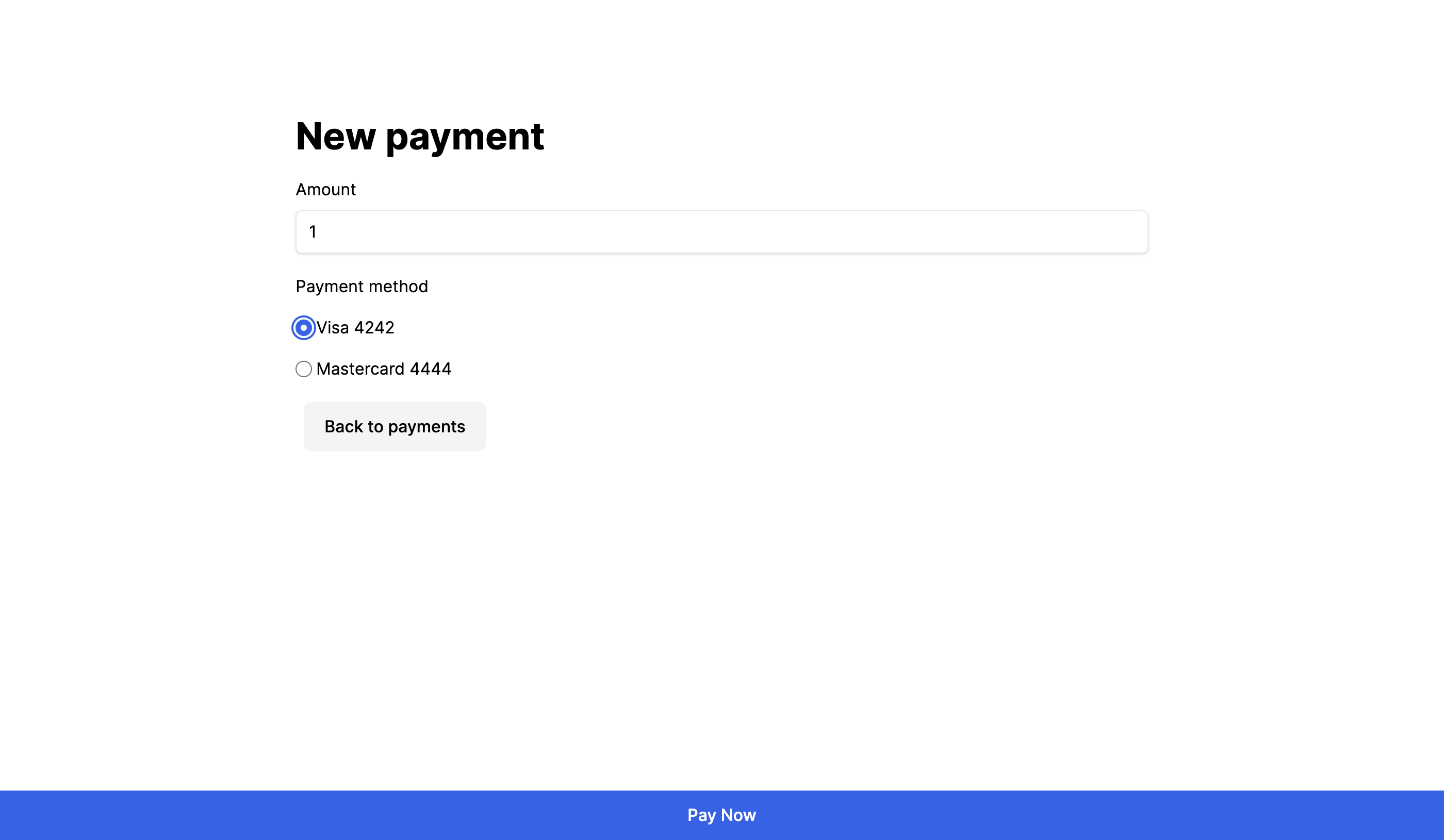 An image of a payment form. The "Pay Now" button is fixed to the bottom of the
screen.