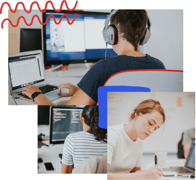 A collage of images and hand drawn elements. At the top, an image of a designer working at their laptop and monitor. Bottom left a developer working at their monitor. Bottom right a designer sketching.