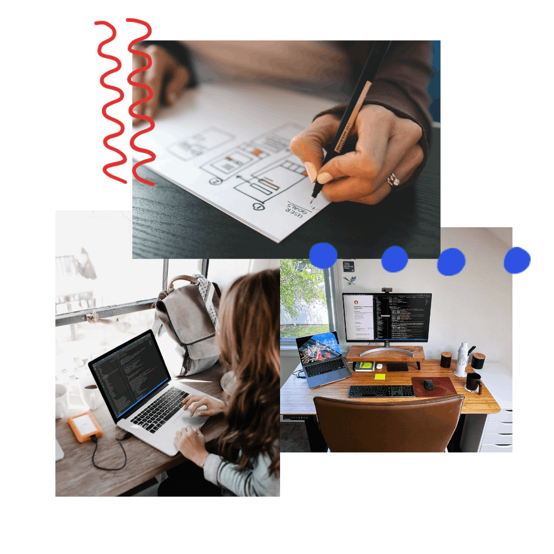 collage of 3: person adding notes to a mockup, person working on code on a laptop, and a desk with an external monitor showing code