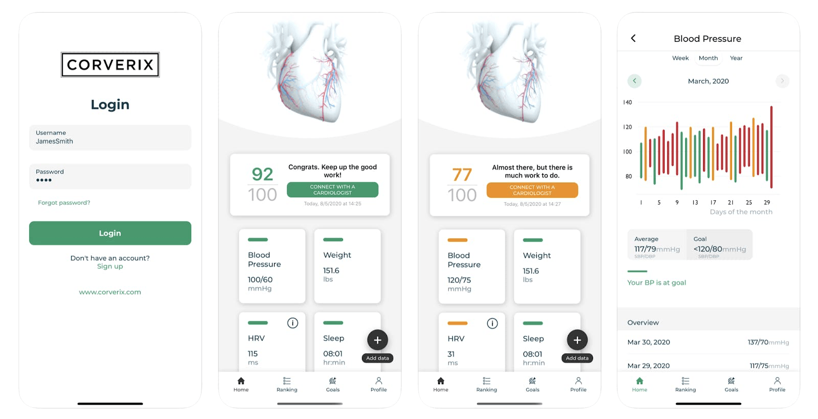 4 product screenshots lined up next to each other of the Corverix app.