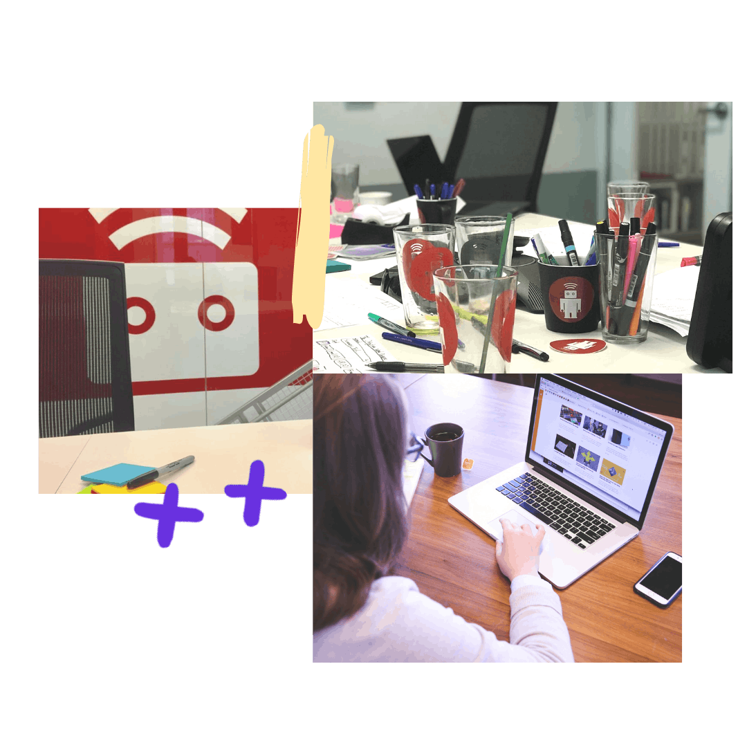 A collage of 3 images: a desk and chair with the thoughtbot logo in the background, a desk with various thoughtbot-branded cups and pens, and a person typing on a laptop.