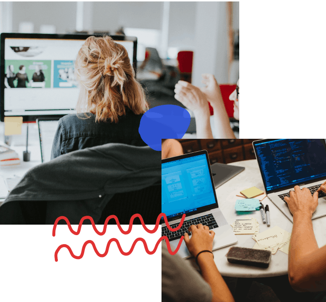 photo collage with handdrawn elements; designers working together on a project in-front of a large monitor, two people working on their laptops during a design sprint