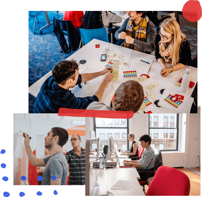 Collage of three photos: the first is of four people working at a conference table with post-its and dot stickers on the table; the second is two people working at a whiteboard with sketches and post-its covering it; the third is two developers seated at their desks working in front of windows overlooking NYC