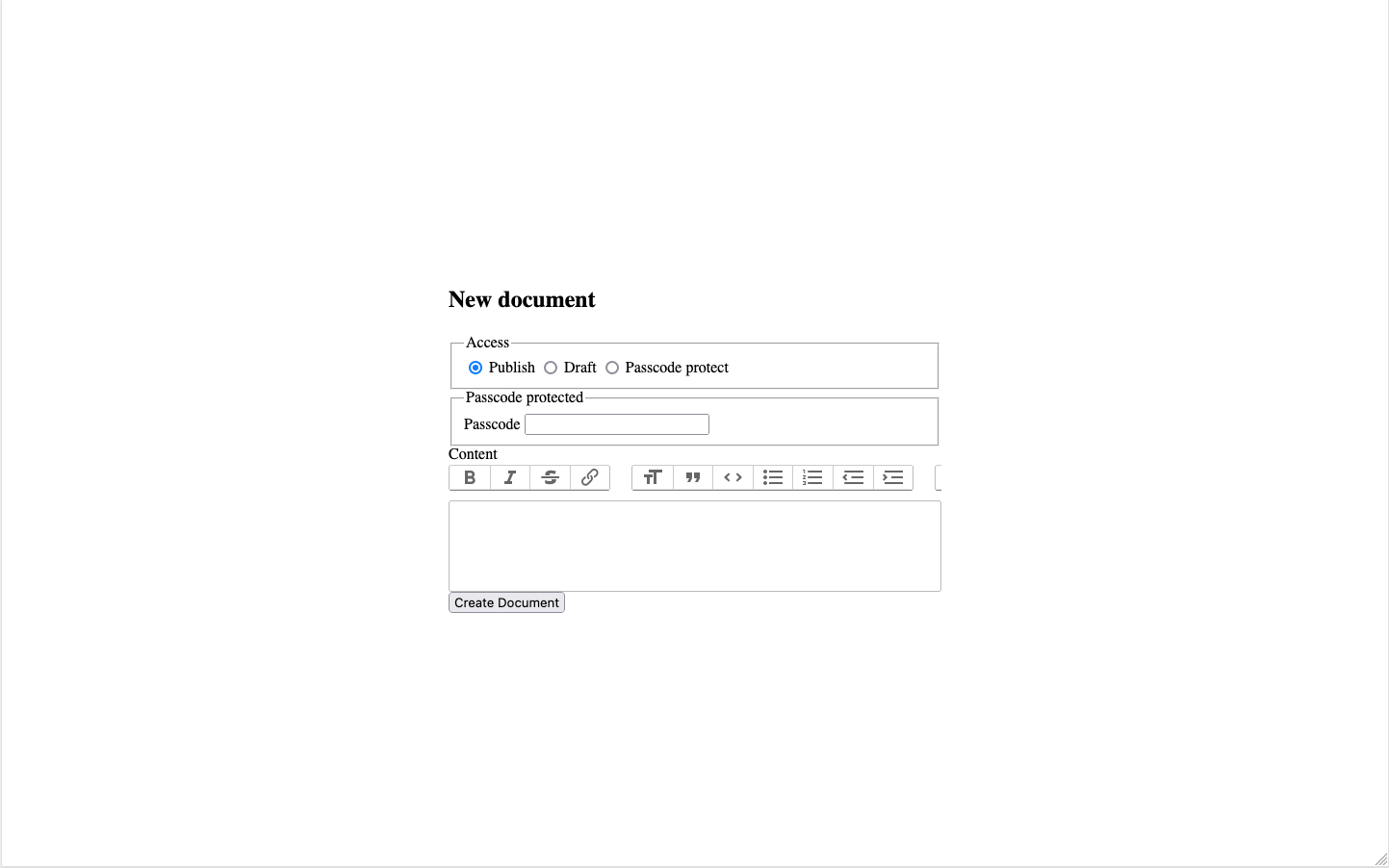 A form collecting information about a Document, including its access level and content