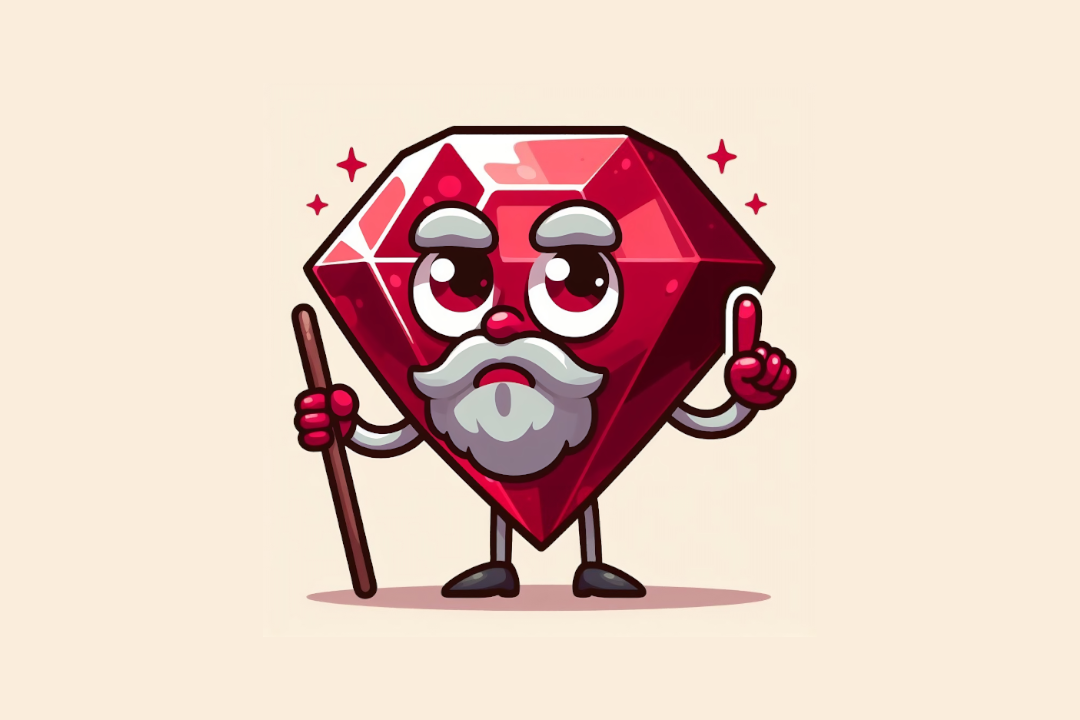 An anthropomorphic ruby gem with a beard, holding a stick on one hand a with a finger raised on the other, in a cartoon style