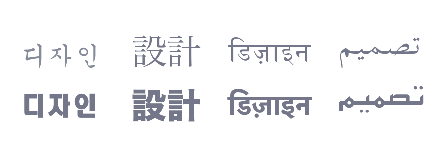 Hangul, Kanji, Hindi, and Arabic - in traditional and modern typefaces