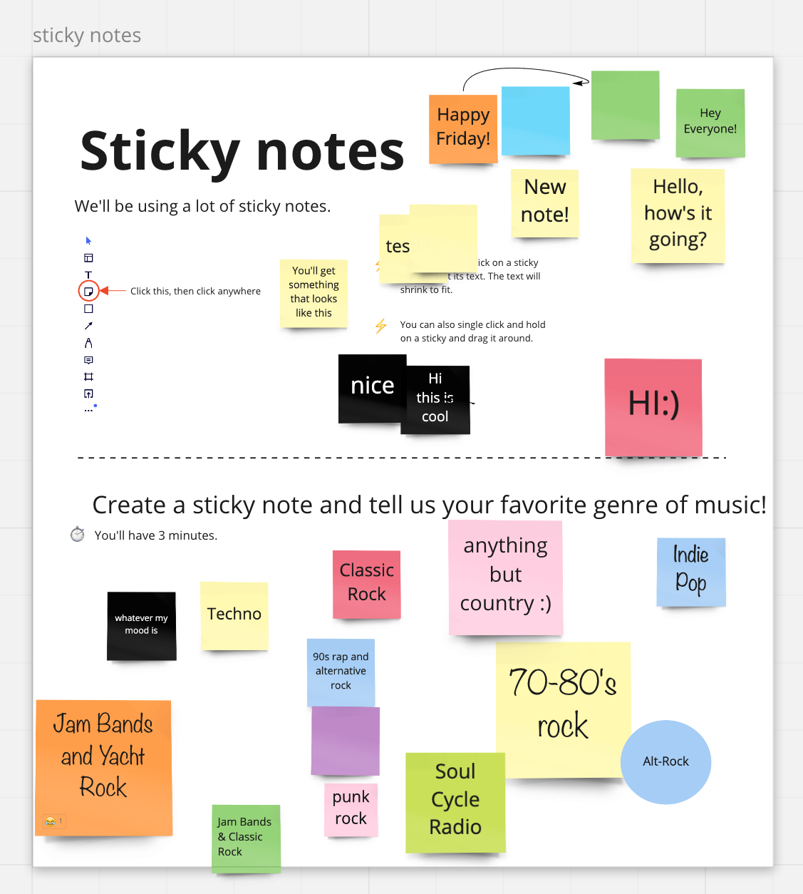 A board in Miro containing a collection of sticky notes. The prompt is asking to list your favorite musical genre. Answers include, 'Techno', 'Jam Bands and Yacht Rock', 'Classic Rock', '70-80s Rock', 'Indie Pop', and 'Anything but country.'