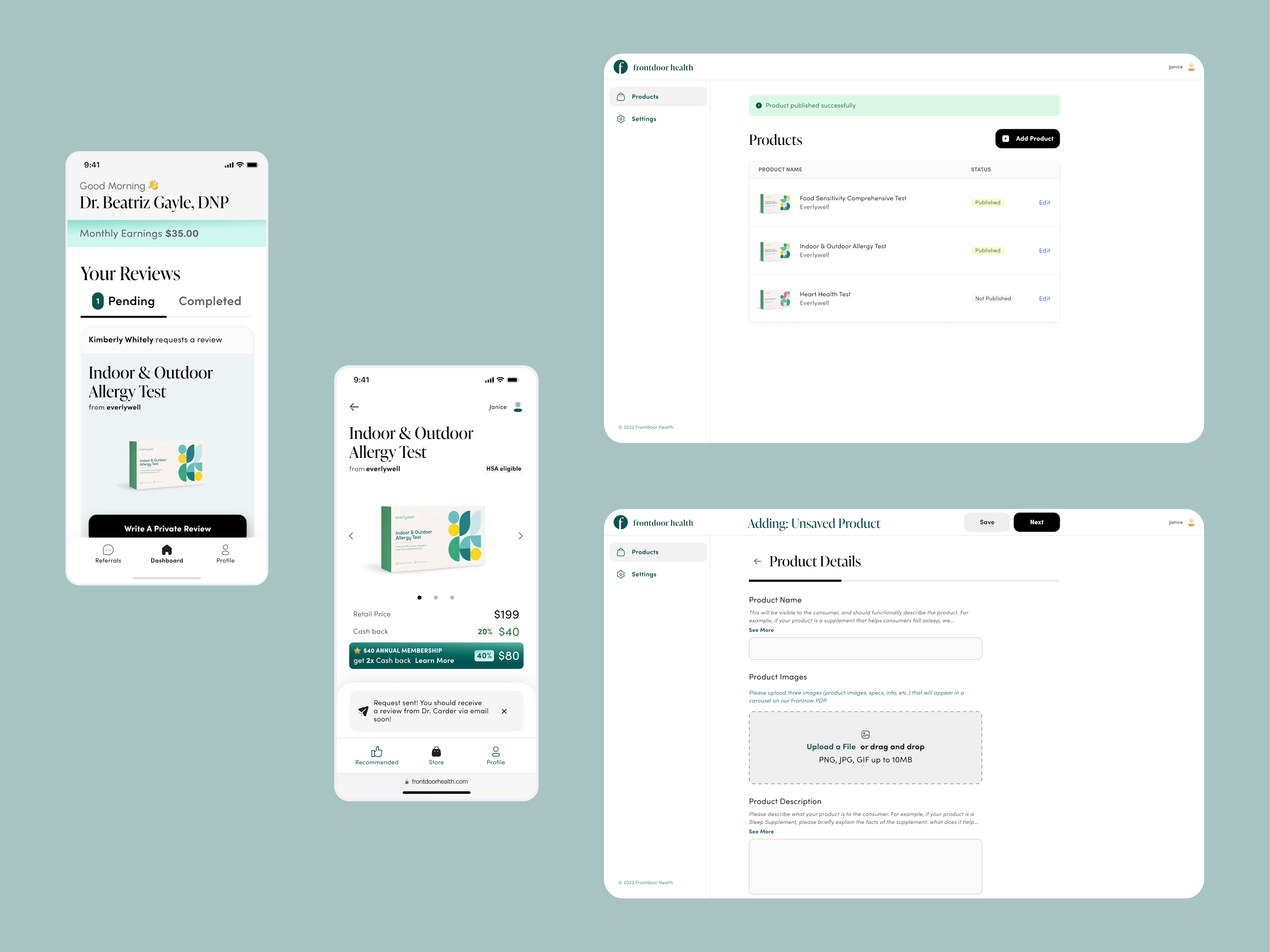 Four Frontrow Health screenshots, two mobile and two desktop, on a green background.