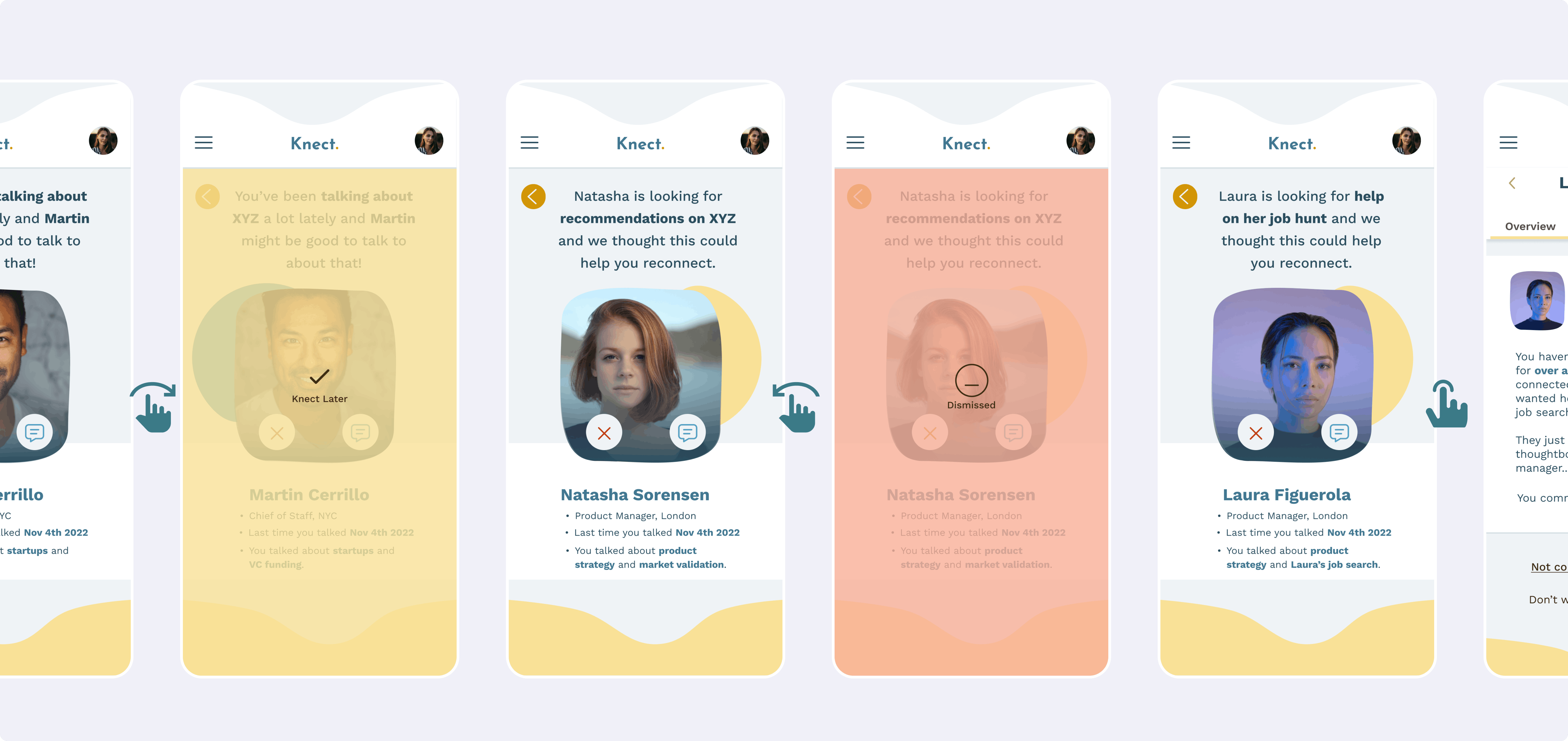 Screenshots of the Knect prototype, showing different recommendations to connect.